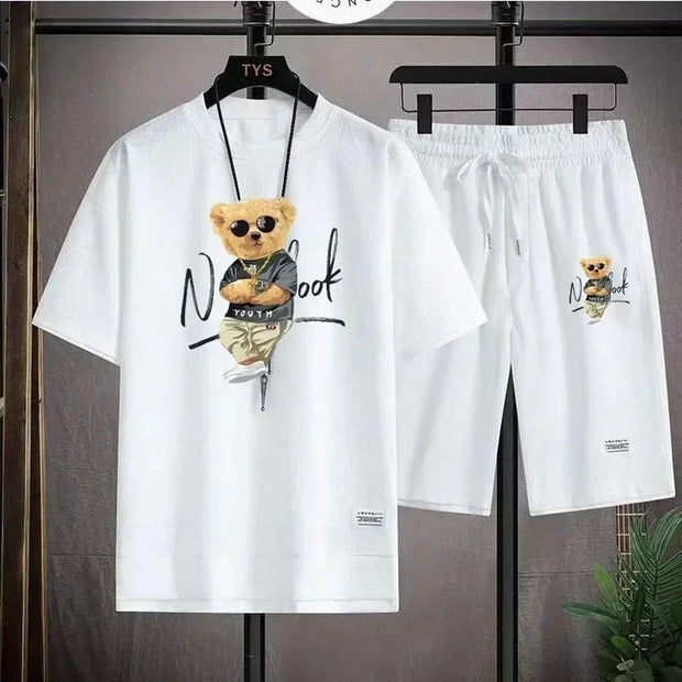 2025 Summer Men's trendy and fashionable high-end Waffle suits, casual T-shirt and shorts sets, men's sportswear sets, solid-col