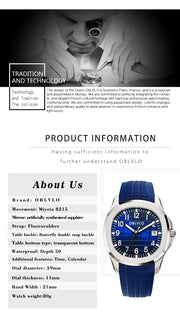 OBLVLO Trend Luxury Rose Gold Diamond Date Mechanical Automatic Watches For Men Blue Silicone Strap Waterproof Sport Watch FM-SL