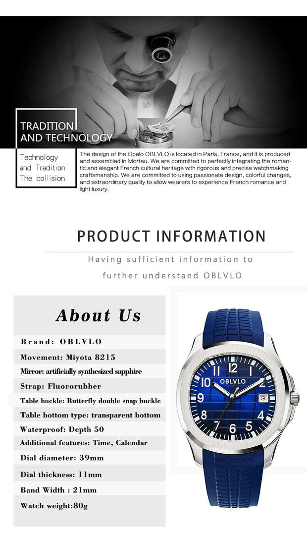 OBLVLO Trend Luxury Rose Gold Diamond Date Mechanical Automatic Watches For Men Blue Silicone Strap Waterproof Sport Watch FM-SL