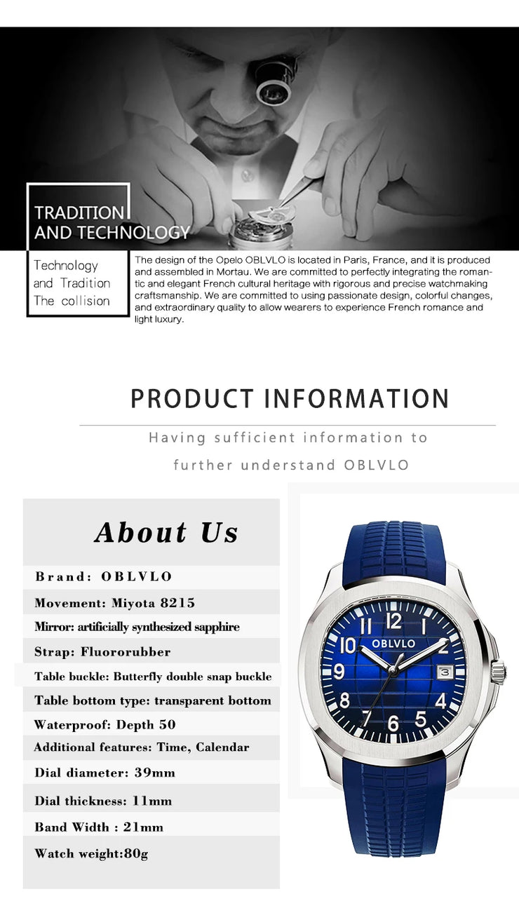 OBLVLO Trend Luxury Rose Gold Diamond Date Mechanical Automatic Watches For Men Blue Silicone Strap Waterproof Sport Watch FM-SL