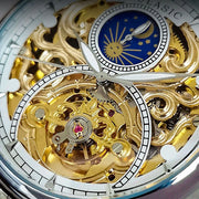 Gold  Vintage Moon Phase Automatic Watch for Men Tourbillon Skeleton Luminous Hands Luxury Brand Mechanical Watches Steel Strap