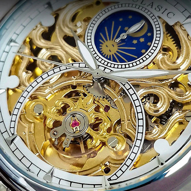 Gold  Vintage Moon Phase Automatic Watch for Men Tourbillon Skeleton Luminous Hands Luxury Brand Mechanical Watches Steel Strap
