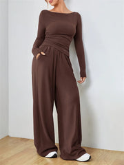 Women's Two-piece Wide Leg Pants Fashion Set Irregular Short Top Women's Clothing Yoga Exercise Set Спортивный Костюм Женский