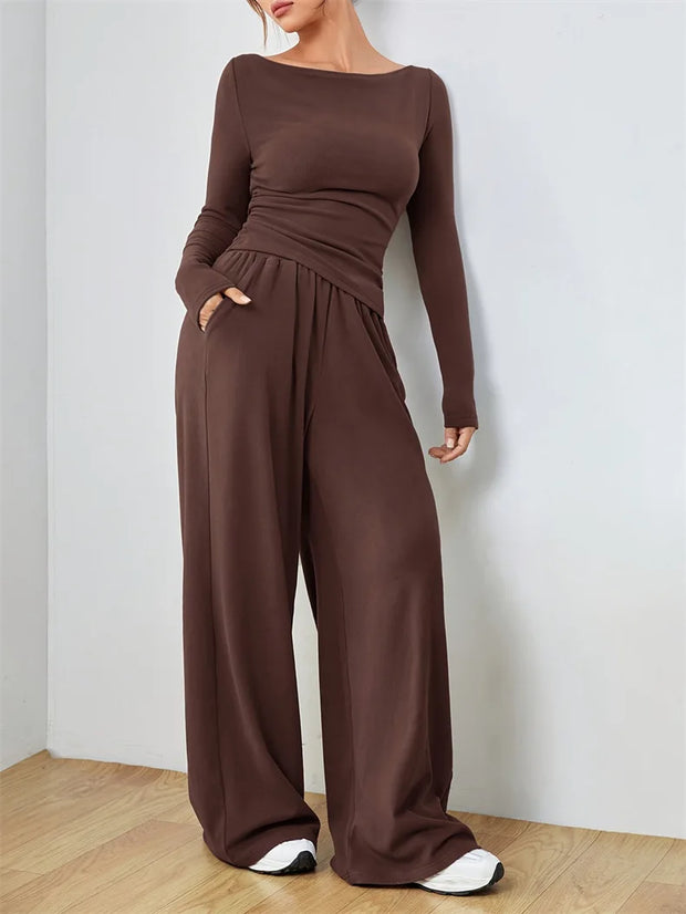 Women's Two-piece Wide Leg Pants Fashion Set Irregular Short Top Women's Clothing Yoga Exercise Set Спортивный Костюм Женский