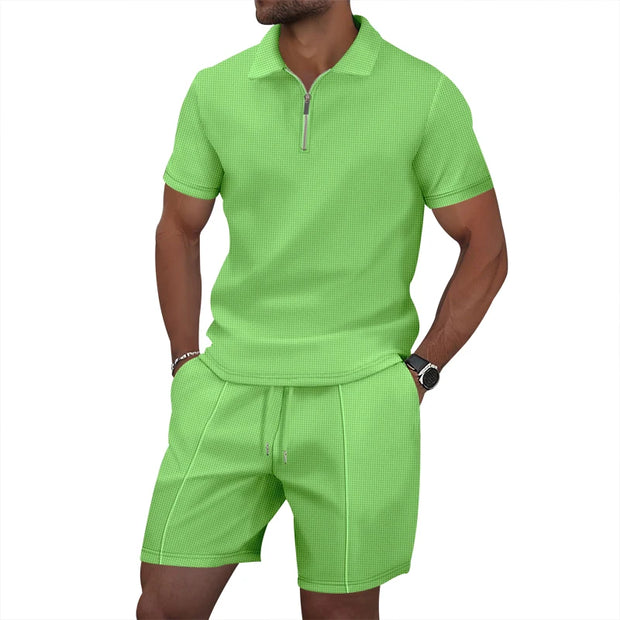 Men's Summer Sports Solid-Color Set, Quarter-Zipper Set, 2-Piece Beach Vacation Set, Men's Fashionable Casual Workwear Set.