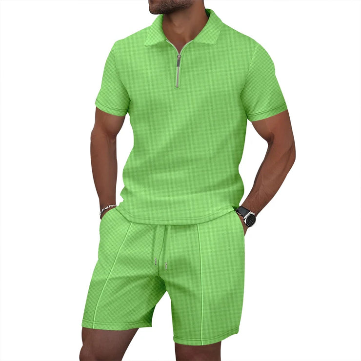Men's Summer Sports Solid-Color Set, Quarter-Zipper Set, 2-Piece Beach Vacation Set, Men's Fashionable Casual Workwear Set.