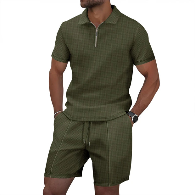 Men's Summer Sports Solid-Color Set, Quarter-Zipper Set, 2-Piece Beach Vacation Set, Men's Fashionable Casual Workwear Set.