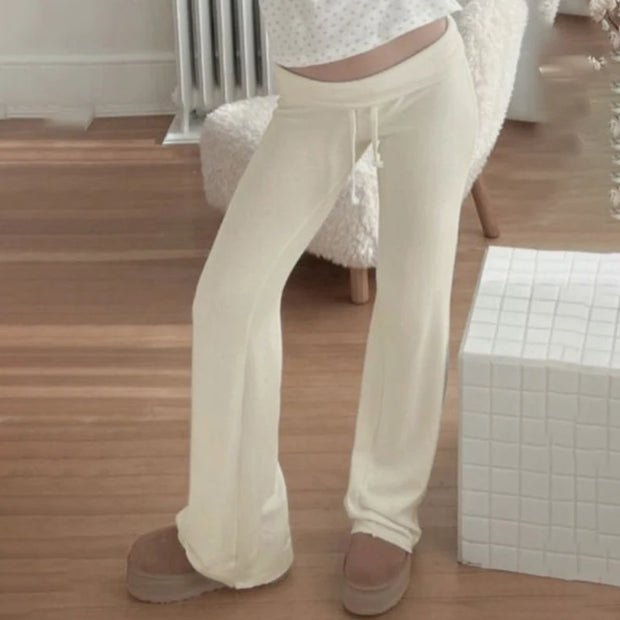 Cuteandpsycho Casual Solid Basic Pants Y2K Chic Floor Length Bottoms Vintage Aesthetic Mid Waist Drawstring Straight Trousers