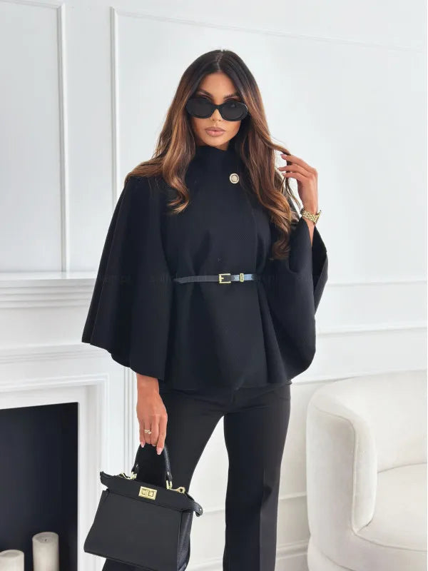 Elegant Solid Cape Fashion Office Lady Button Half Turtleneck Bat Sleeve Belt Coat Autumn Commuting Woolen Women Clothing