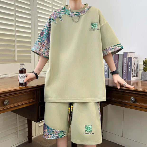 Summer Men's  Sets Mens Trend Casual Tracksuit Print Short Sleeve T-shirt+shorts Two Pieces Suit Mens Sportswear set