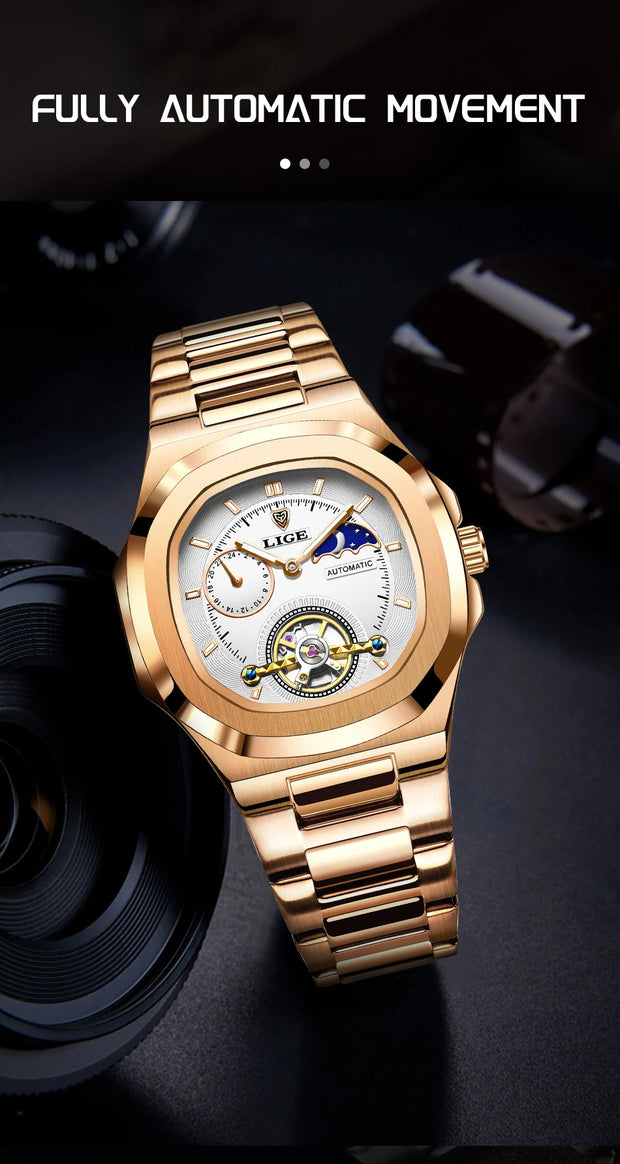 LIGE Classic Retro Men Watch Fashion Business Men's Mechanical Wristwatches Top Brand Luxury Waterproof Automatic Watch For Men