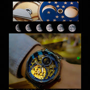 Gold  Vintage Moon Phase Automatic Watch for Men Tourbillon Skeleton Luminous Hands Luxury Brand Mechanical Watches Steel Strap