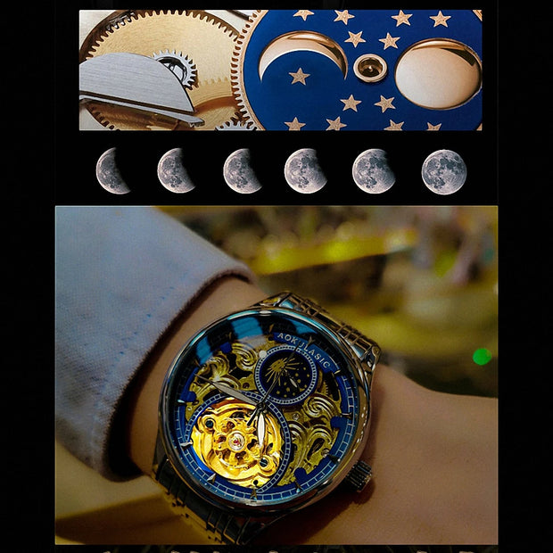 Gold  Vintage Moon Phase Automatic Watch for Men Tourbillon Skeleton Luminous Hands Luxury Brand Mechanical Watches Steel Strap