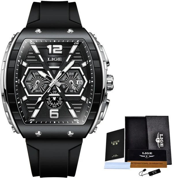 LIGE Mens Watches Top Brand Luxury Square Silicone Watch For Men Fashion Military Quartz Waterproof Chronograph Montre Homme