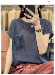 Women's T-shirt Spring/Summer Worsted Cotton Knitwear Casual Solid Color Ladies' Tops Loose Round Neck Blouse Pullover Tees