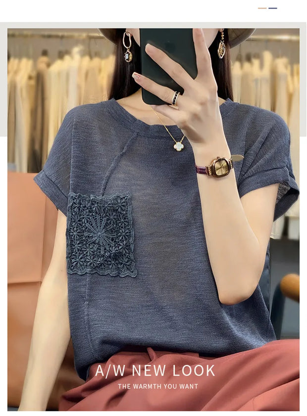 Women's T-shirt Spring/Summer Worsted Cotton Knitwear Casual Solid Color Ladies' Tops Loose Round Neck Blouse Pullover Tees