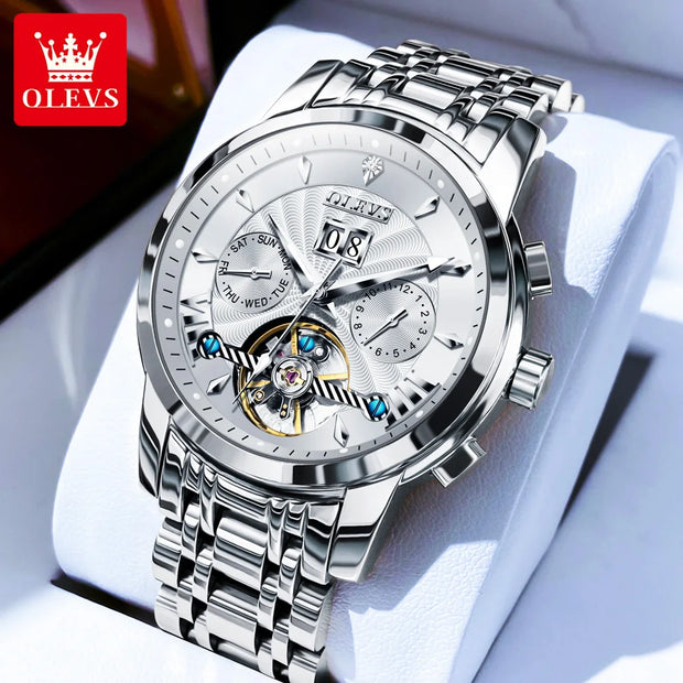OLEVS 9965 Mens Watch Classic Hollow Out Automatic Mechanical Watch Original Movement Waterproof Luminous Calendar Year Moon