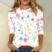 2024 Women Summer Tops Comfortable T Shirt Fashion Flower Print Round Neck 3/4 Sleeve Tops Soft Versatile Pullover Ropa De Mujer