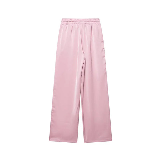 Women High Waist Pants Set Spring 2 Piece Double-Breasted Satin Blazers Two Piece Lace Up Creased-Effect Trousers Women Outfit