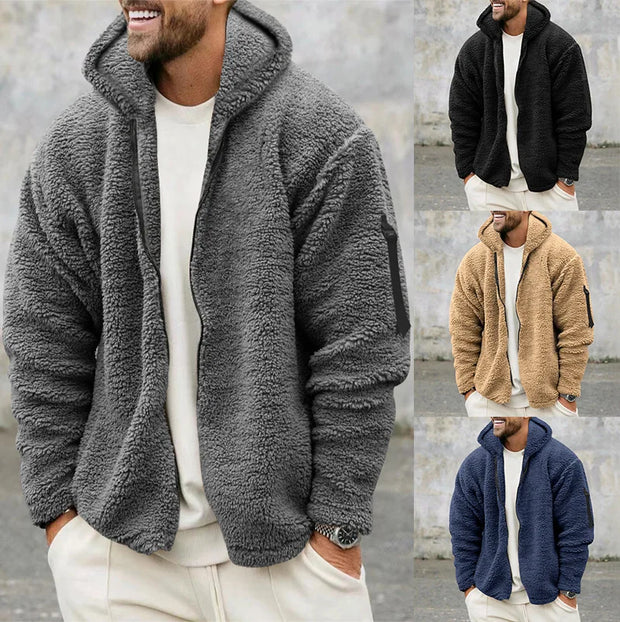 2025 Men's Casual Double-sided Plush Warm Jacket Autumn Winter Thick Wool Coats Solid Hooded Fleece Hoodies Loose Men Clothing