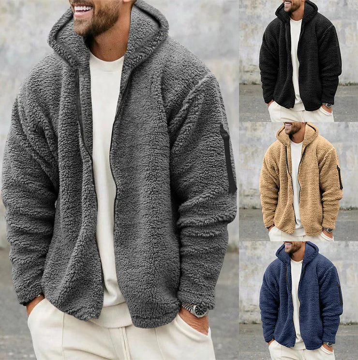 2025 Men's Casual Double-sided Plush Warm Jacket Autumn Winter Thick Wool Coats Solid Hooded Fleece Hoodies Loose Men Clothing