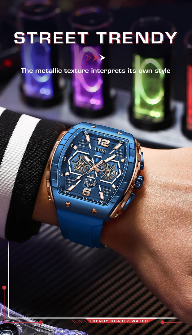 LIGE Mens Watches Top Brand Luxury Square Silicone Watch For Men Fashion Military Quartz Waterproof Chronograph Montre Homme