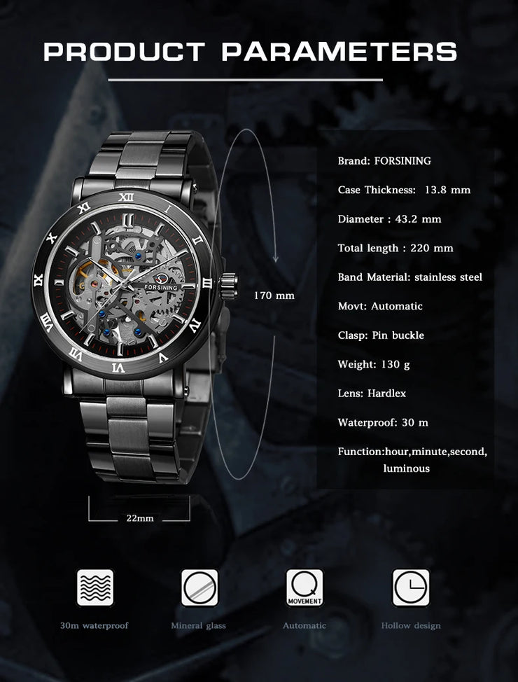 Forsining Official Automatic Mechanical Skeleton Watch Men Stainless Steel Skeleton Luminous Hands Military Business Waterproof