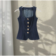 Vintage Women's Denim Sleeveless Set Crop Top With Chic Buttons Matching High Waist Slim Fit Jeans Casual Streetwear Outfits