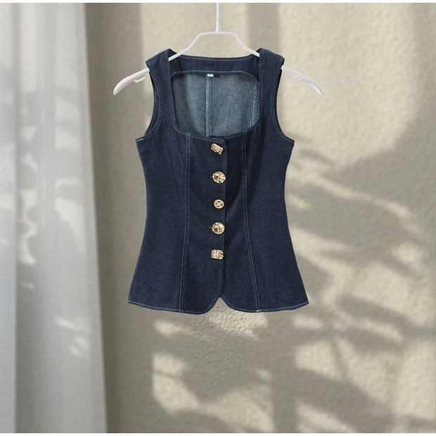 Vintage Women's Denim Sleeveless Set Crop Top With Chic Buttons Matching High Waist Slim Fit Jeans Casual Streetwear Outfits