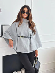 Elegant Solid Cape Fashion Office Lady Button Half Turtleneck Bat Sleeve Belt Coat Autumn Commuting Woolen Women Clothing