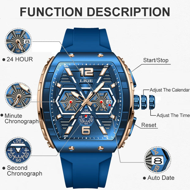 LIGE Mens Watches Top Brand Luxury Square Silicone Watch For Men Fashion Military Quartz Waterproof Chronograph Montre Homme
