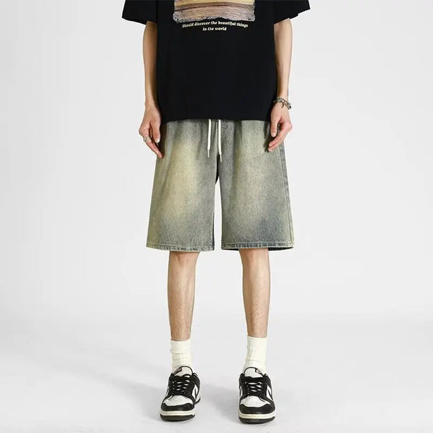 Men's denim shorts, men's 2025 summer thin style retro loose American fashion brand casual five inch mid length pants