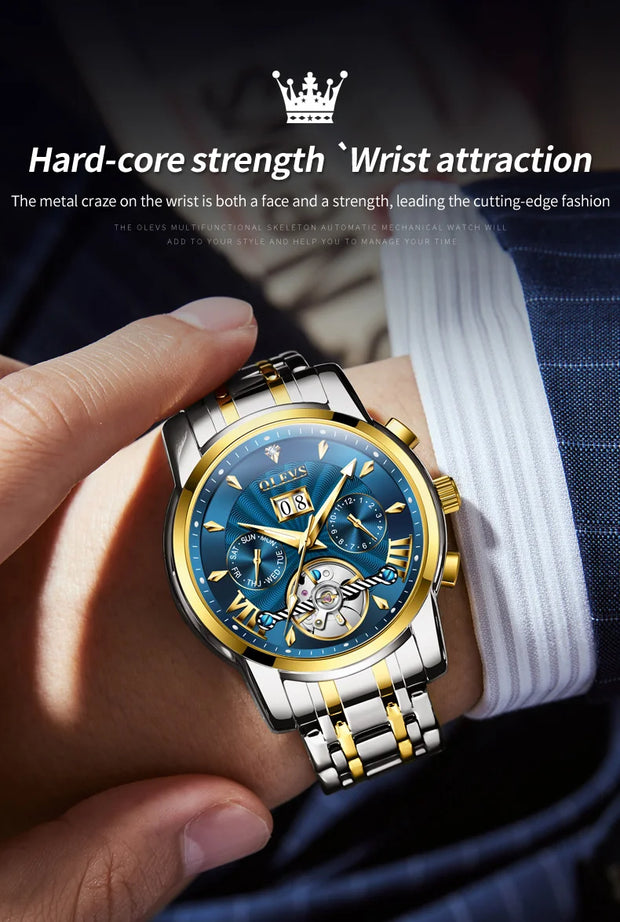 OLEVS 9965 Mens Watch Classic Hollow Out Automatic Mechanical Watch Original Movement Waterproof Luminous Calendar Year Moon