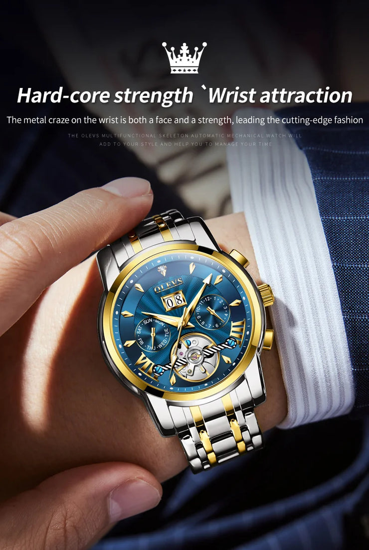 OLEVS 9965 Mens Watch Classic Hollow Out Automatic Mechanical Watch Original Movement Waterproof Luminous Calendar Year Moon