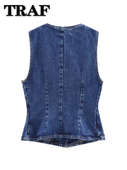 TRAF 2024 Women's Short Vest Autumn Fashion Blue Denim Vest Top Lady Casual Cropped Sleeveless Jacket Streetwear New Waistcoats
