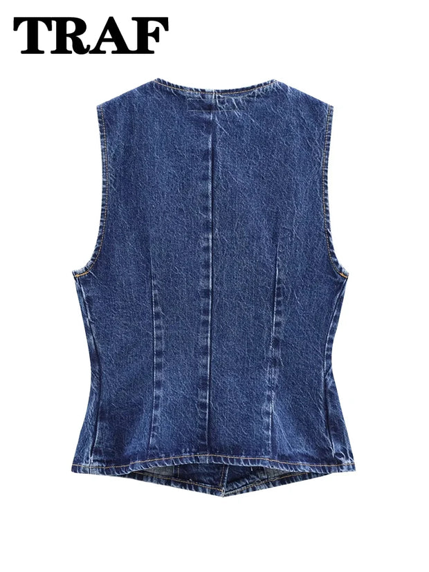TRAF 2024 Women's Short Vest Autumn Fashion Blue Denim Vest Top Lady Casual Cropped Sleeveless Jacket Streetwear New Waistcoats