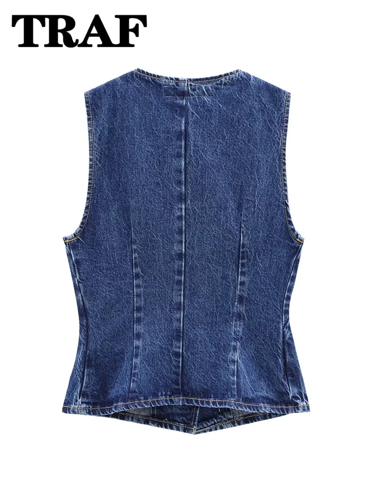 TRAF 2024 Women's Short Vest Autumn Fashion Blue Denim Vest Top Lady Casual Cropped Sleeveless Jacket Streetwear New Waistcoats