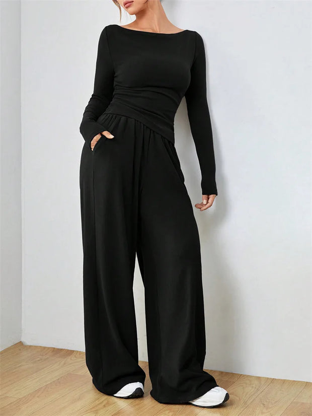Women's Two-piece Wide Leg Pants Fashion Set Irregular Short Top Women's Clothing Yoga Exercise Set Спортивный Костюм Женский