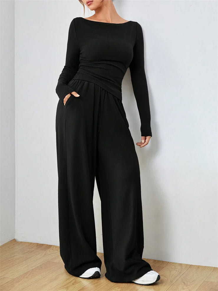Women's Two-piece Wide Leg Pants Fashion Set Irregular Short Top Women's Clothing Yoga Exercise Set Спортивный Костюм Женский