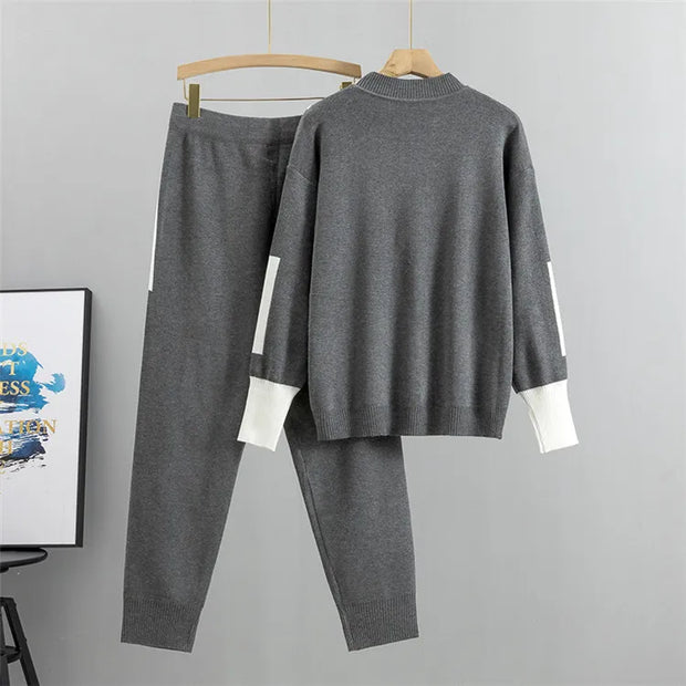 Winter Women Knitted 2 Pieces Set Muslim Casual Thicken Pullover Sweater +Knitted Pant 2PCS Suits Outfit Sport Warm Set 2024