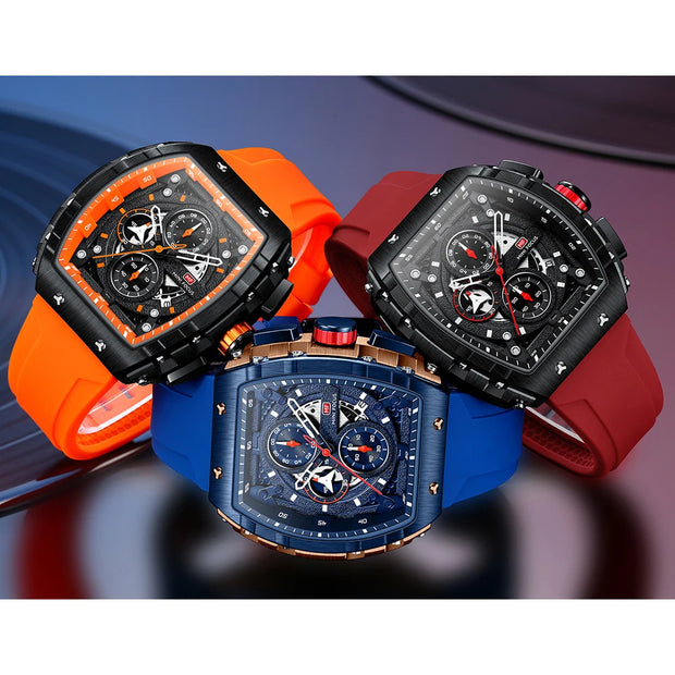 MINI FOCUS Chronograph Quartz Watch for Men Tonneau Dial Military Sport Wristwatch Male with Orange Silicone Strap Auto Date
