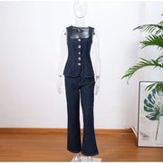 Vintage Women's Denim Sleeveless Set Crop Top With Chic Buttons Matching High Waist Slim Fit Jeans Casual Streetwear Outfits