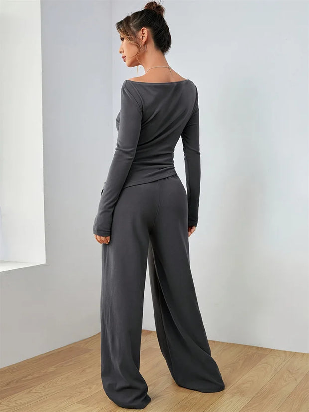 Women's Two-piece Wide Leg Pants Fashion Set Irregular Short Top Women's Clothing Yoga Exercise Set Спортивный Костюм Женский