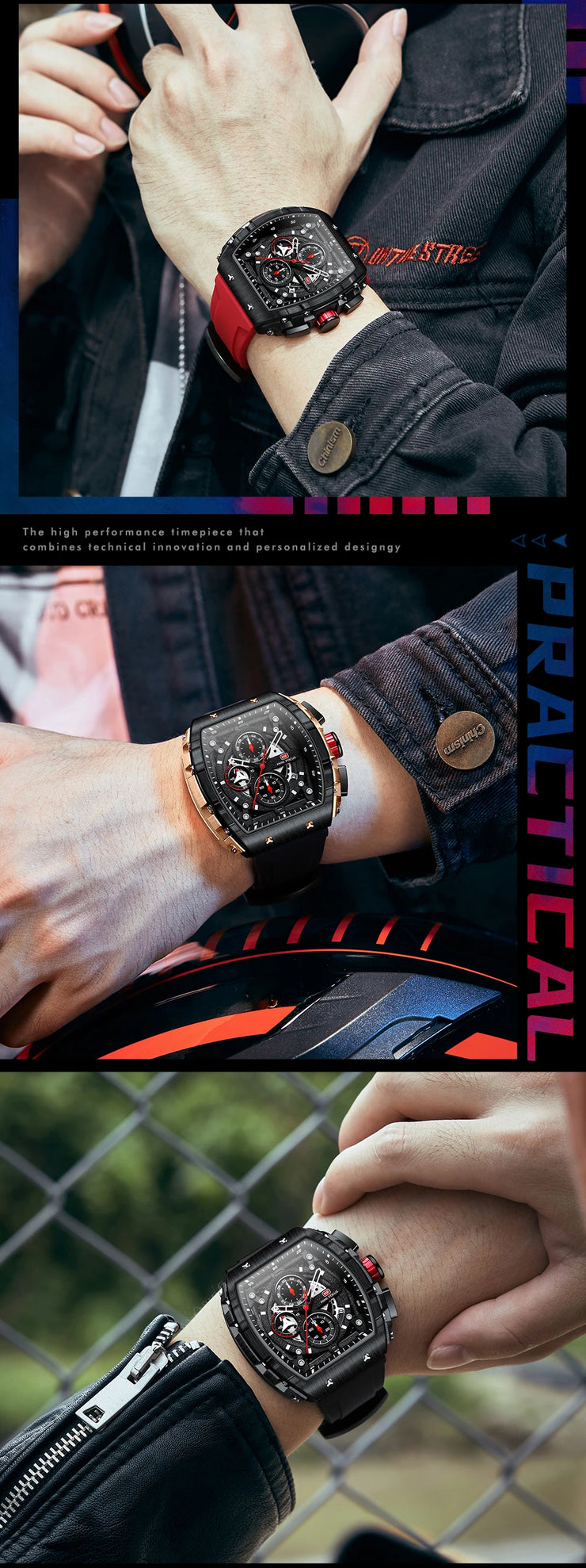 MINI FOCUS Chronograph Quartz Watch for Men Tonneau Dial Military Sport Wristwatch Male with Orange Silicone Strap Auto Date