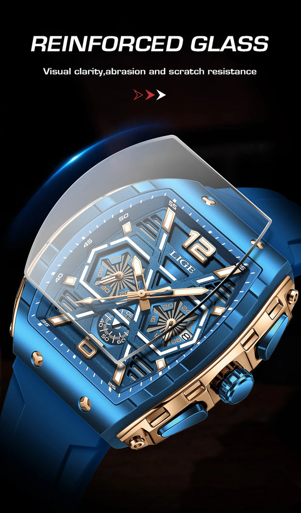 LIGE Mens Watches Top Brand Luxury Square Silicone Watch For Men Fashion Military Quartz Waterproof Chronograph Montre Homme