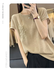 Women's T-shirt Spring/Summer Worsted Cotton Knitwear Casual Solid Color Ladies' Tops Loose Round Neck Blouse Pullover Tees