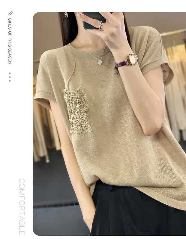 Women's T-shirt Spring/Summer Worsted Cotton Knitwear Casual Solid Color Ladies' Tops Loose Round Neck Blouse Pullover Tees