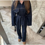 Vintage Belt Denim Jacket Pants Set Women Lapel Single Breasted Jackets Pockets Straight Jeans 2025 Spring Lady Street Outfits
