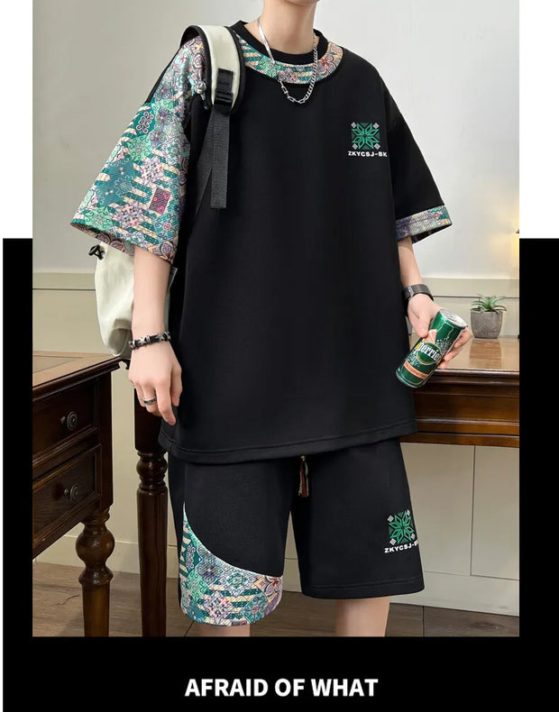 Summer Men's  Sets Mens Trend Casual Tracksuit Print Short Sleeve T-shirt+shorts Two Pieces Suit Mens Sportswear set