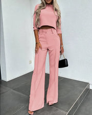 Elegant Office Lady Suits Fashion Solid Color Two Piece Set For Women Casual Crop Top+high Waist Pants Women's Sets 2024 Autumn